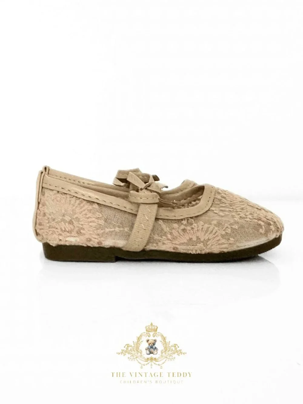 NWT Pretty Girls Embroidered Lace Flats Children's Shoes Kids Shoes Bow Taupe 7